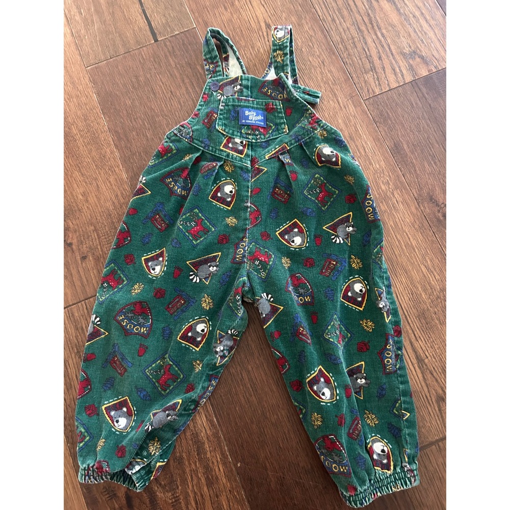 Vintage Baby Bgosh OshKosh Green Corduroy Woodland Animal Overalls 24M Made USA